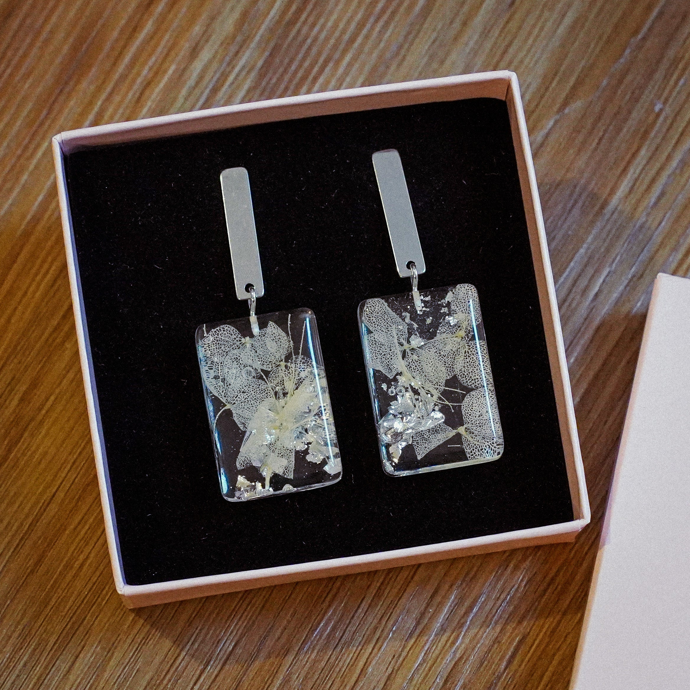 White Hydrangea Alma Earrings with Silver Leaf in Silver Stainless Steel