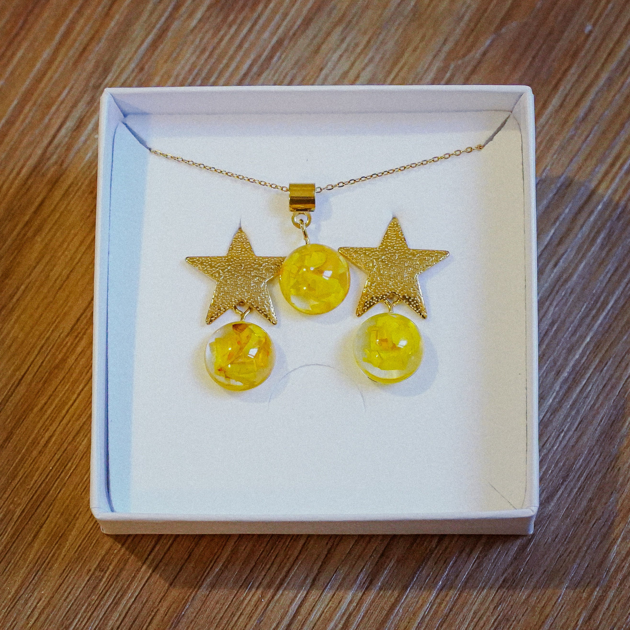 Yellow Evergreen Earrings + Necklace Set