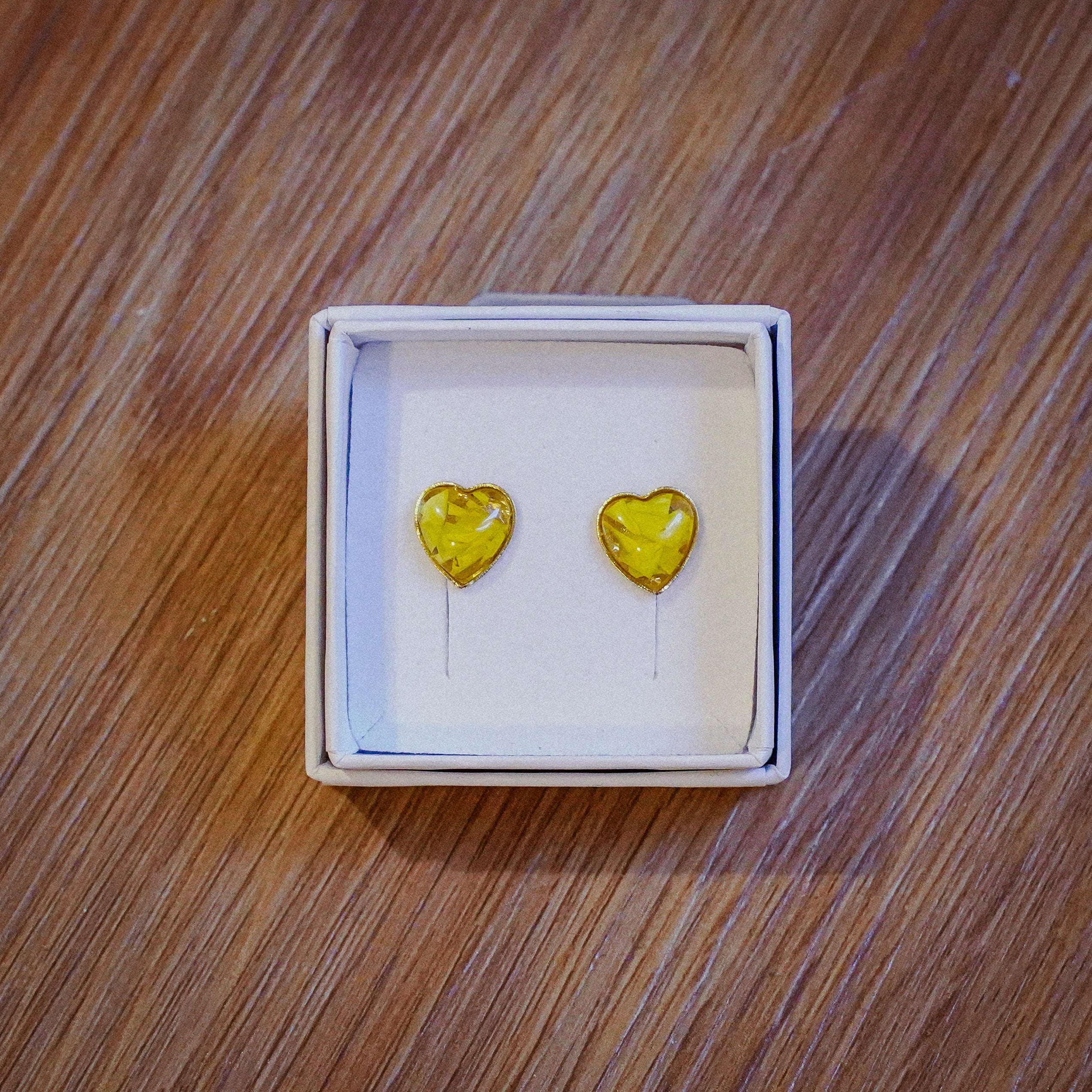 Yellow Evergreen Heart-Shaped Earrings in Golden Stainless Steel