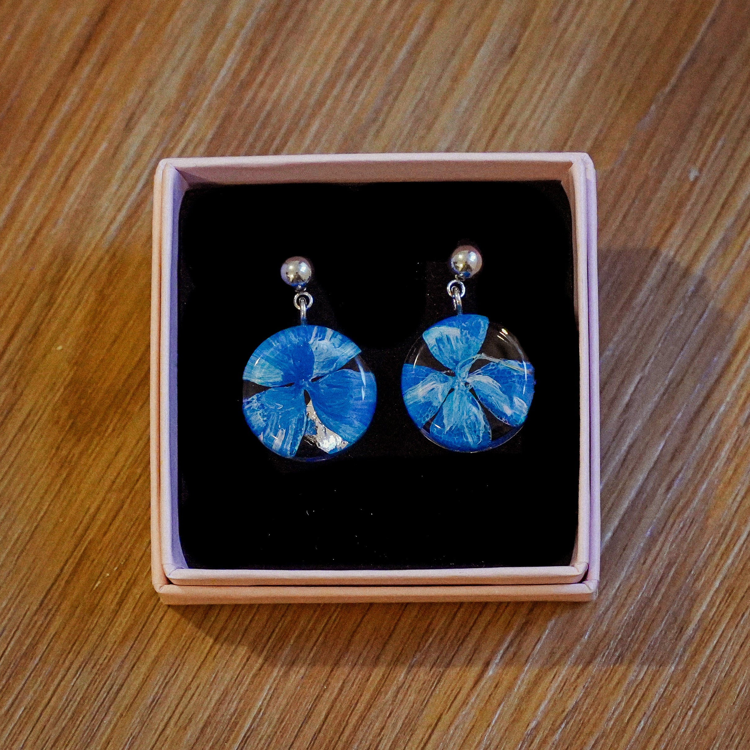 Blue Hydrangea Earrings in Golden Stainless Steel