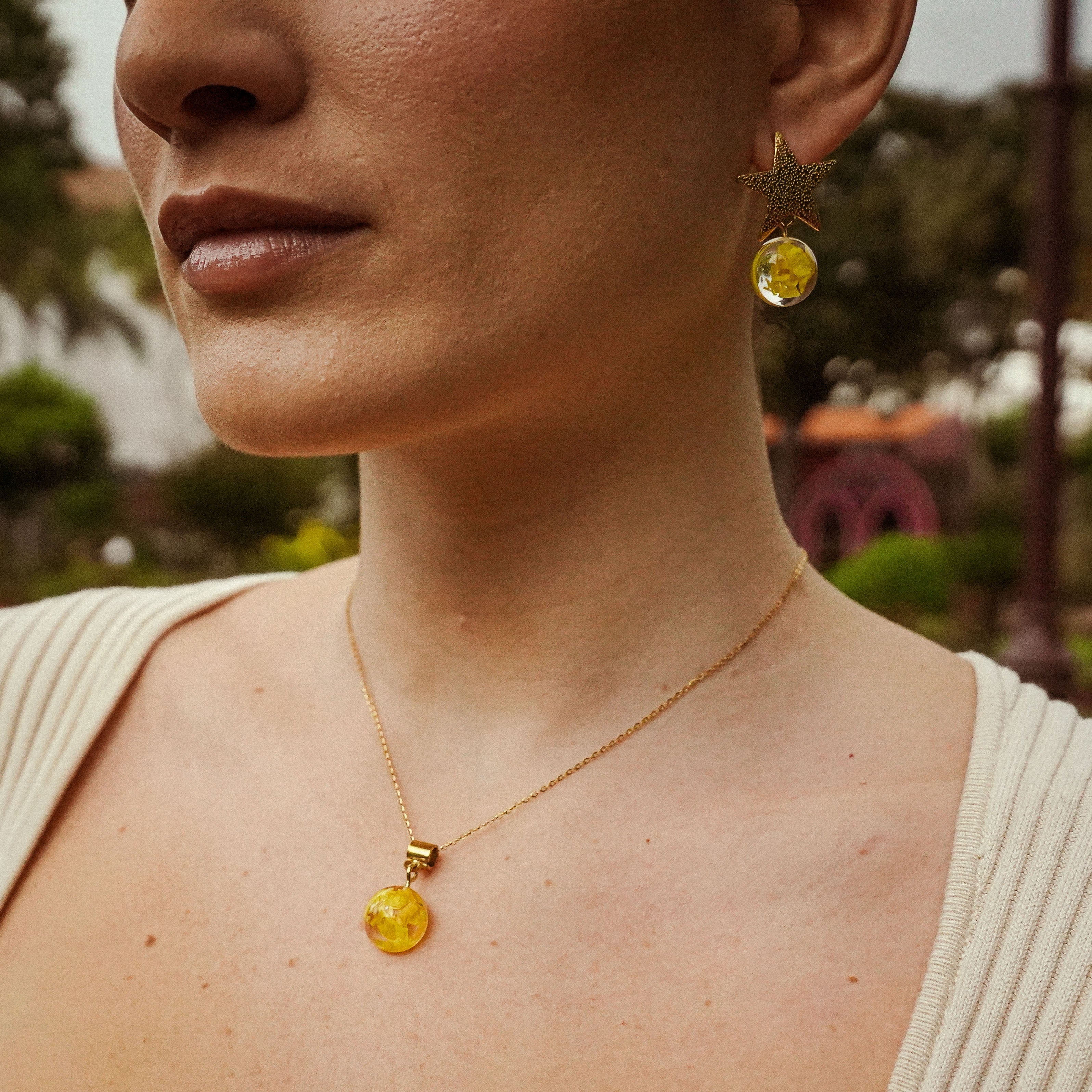 Yellow Evergreen Earrings + Necklace Set