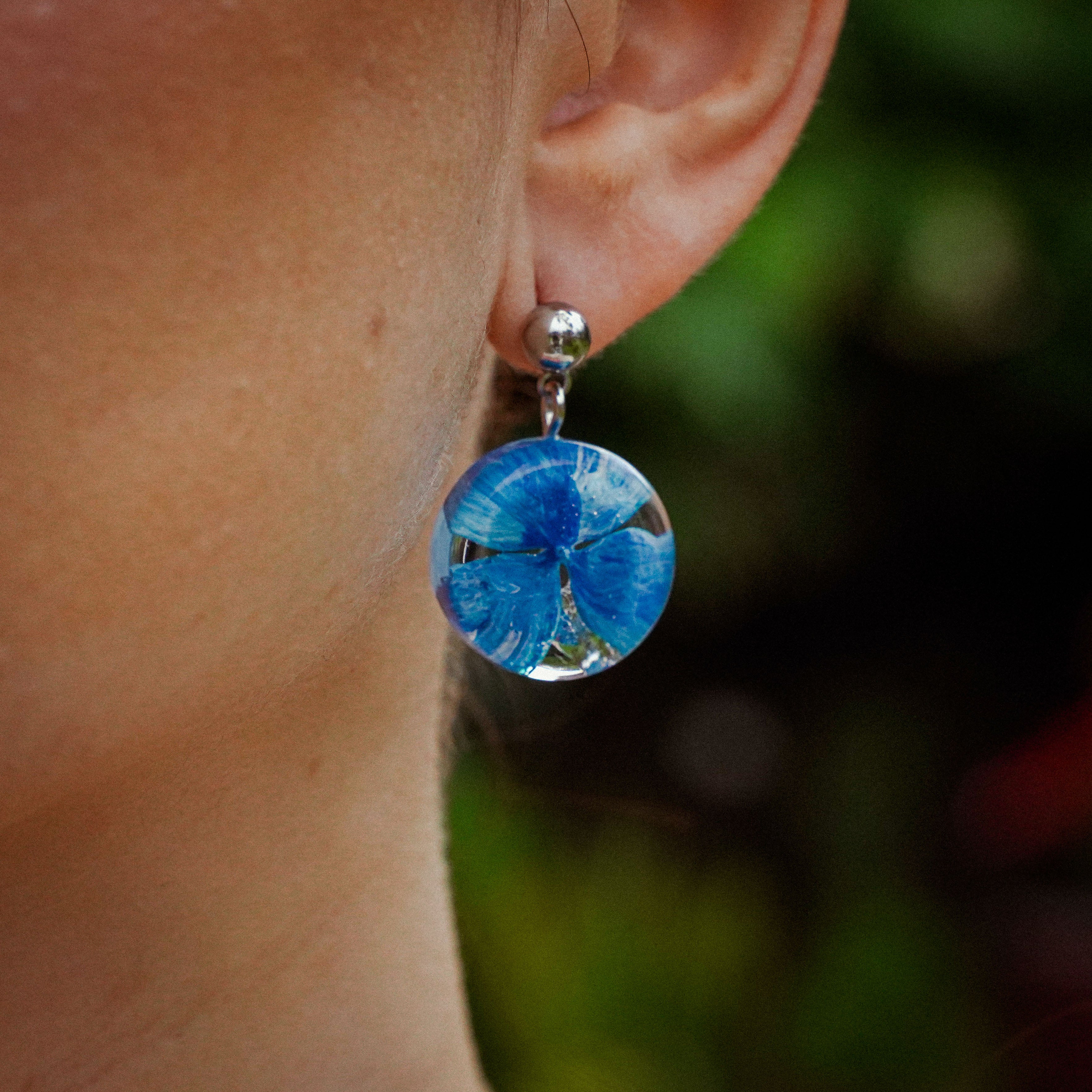 Blue Hydrangea Earrings in Golden Stainless Steel