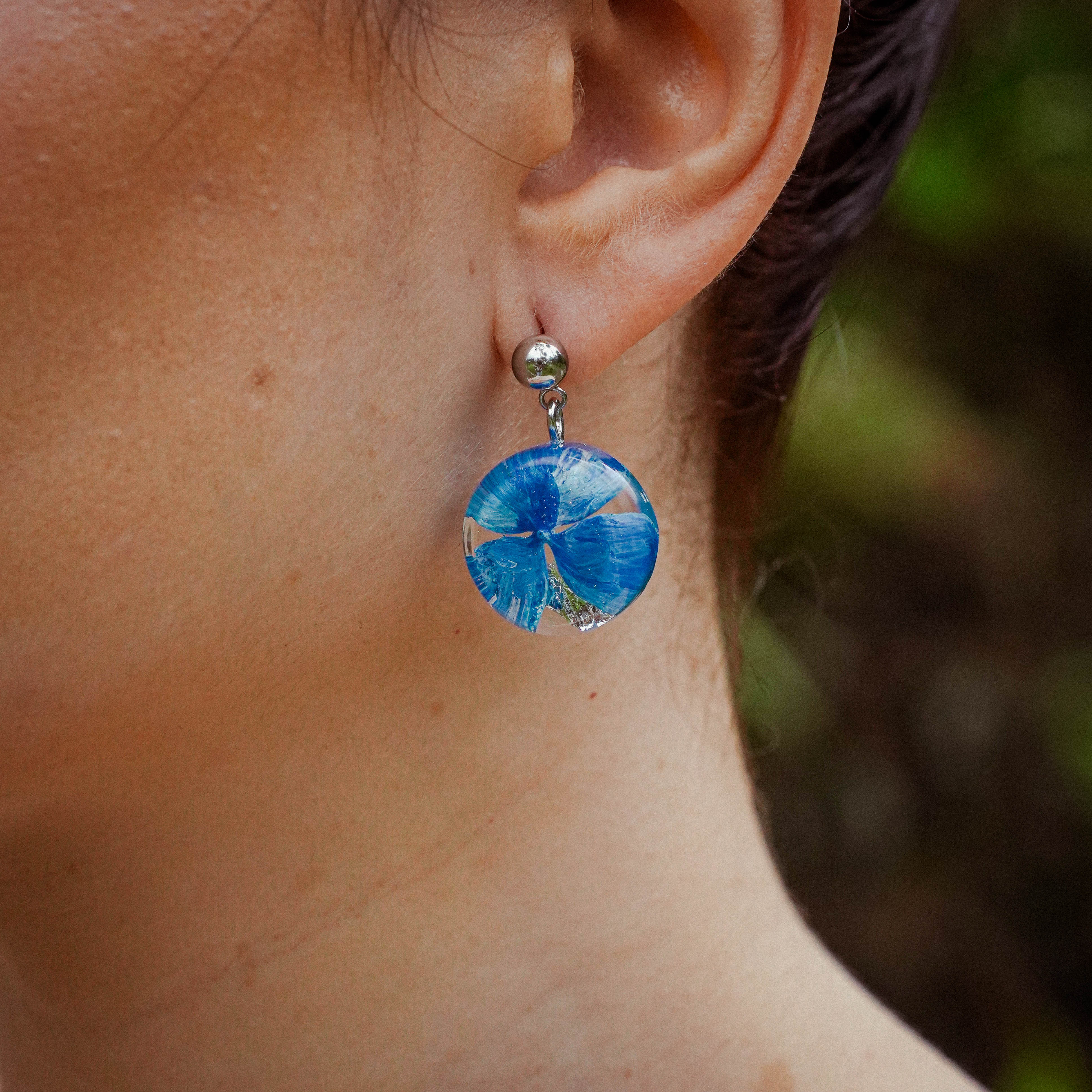 Blue Hydrangea Earrings in Golden Stainless Steel