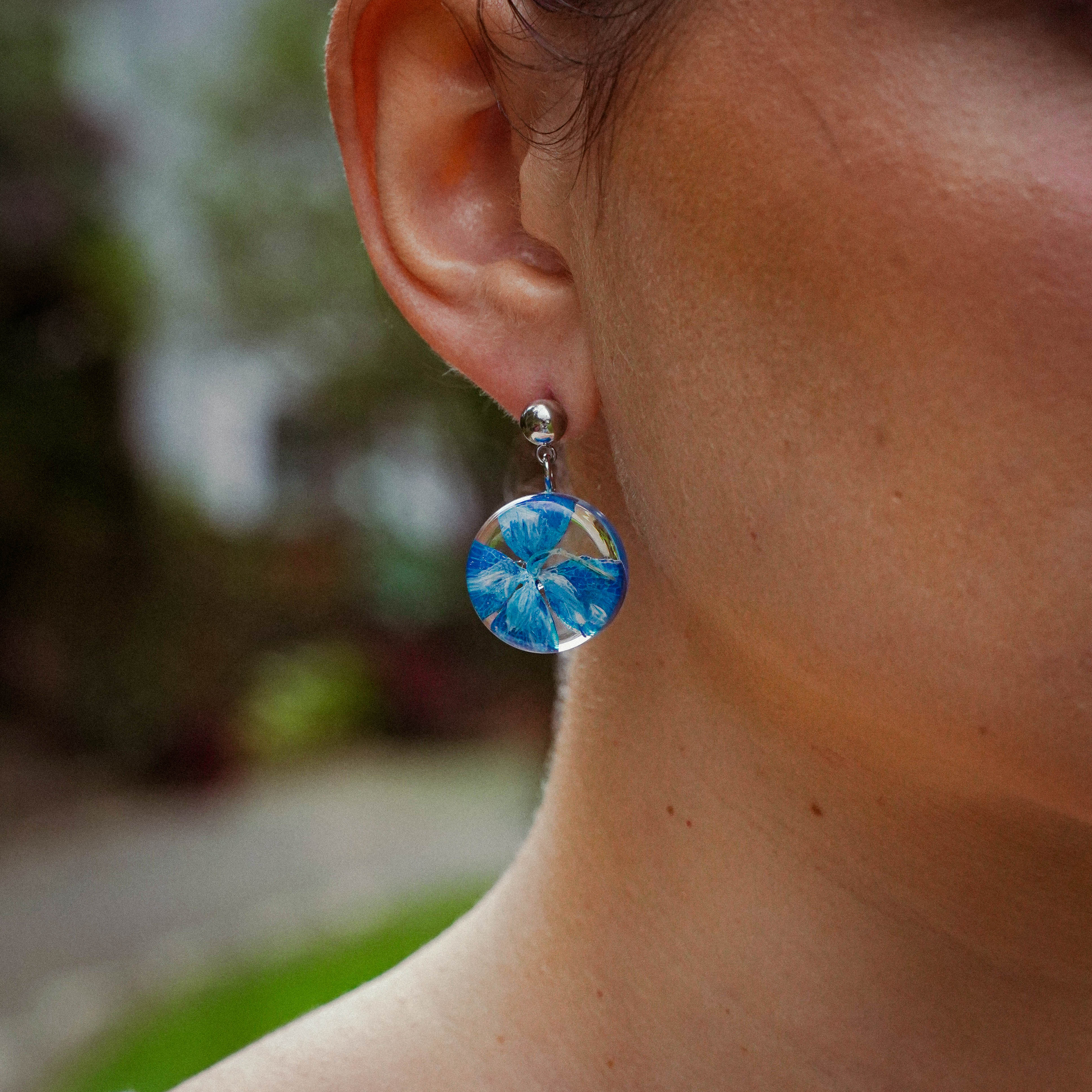 Blue Hydrangea Earrings in Golden Stainless Steel