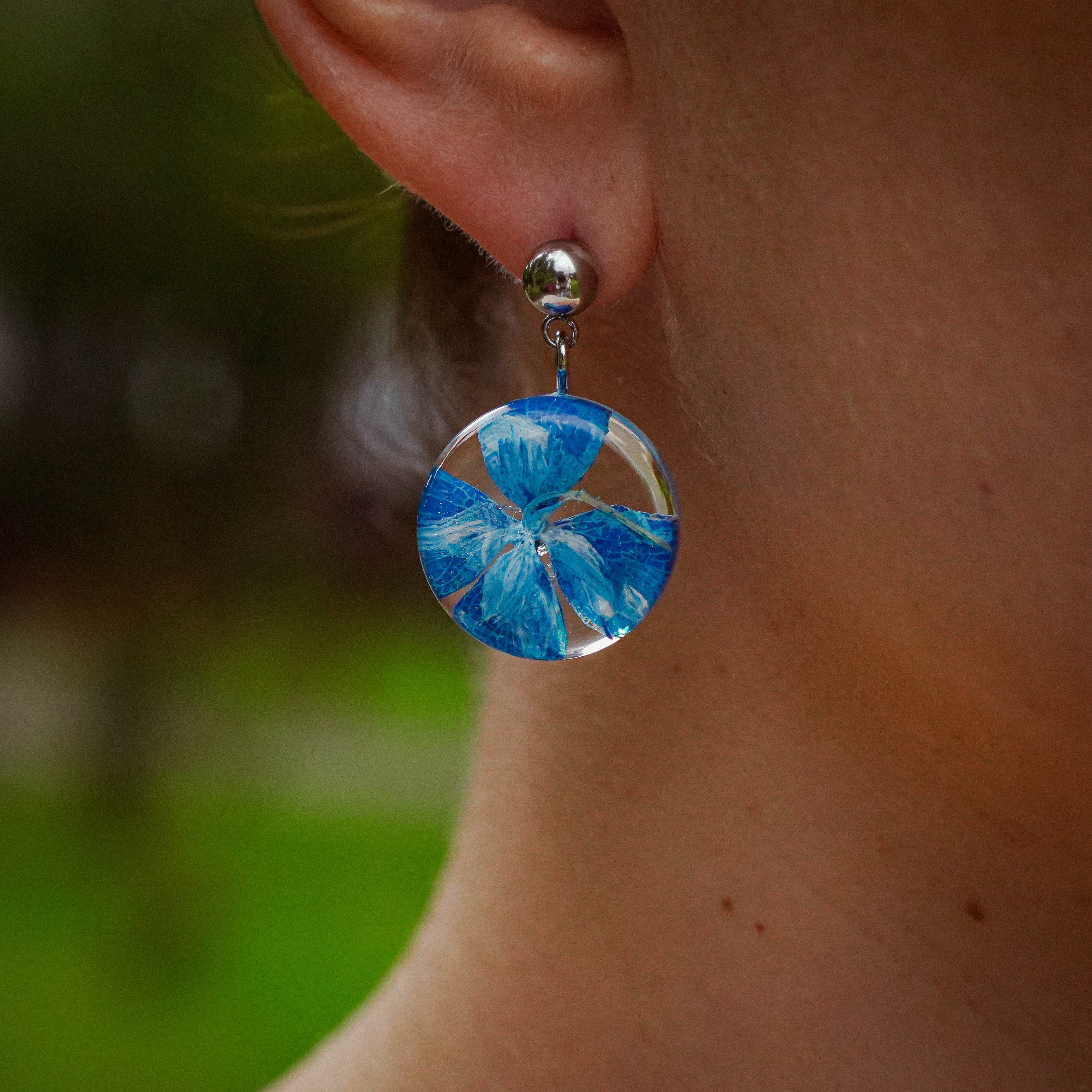 Blue Hydrangea Earrings in Golden Stainless Steel