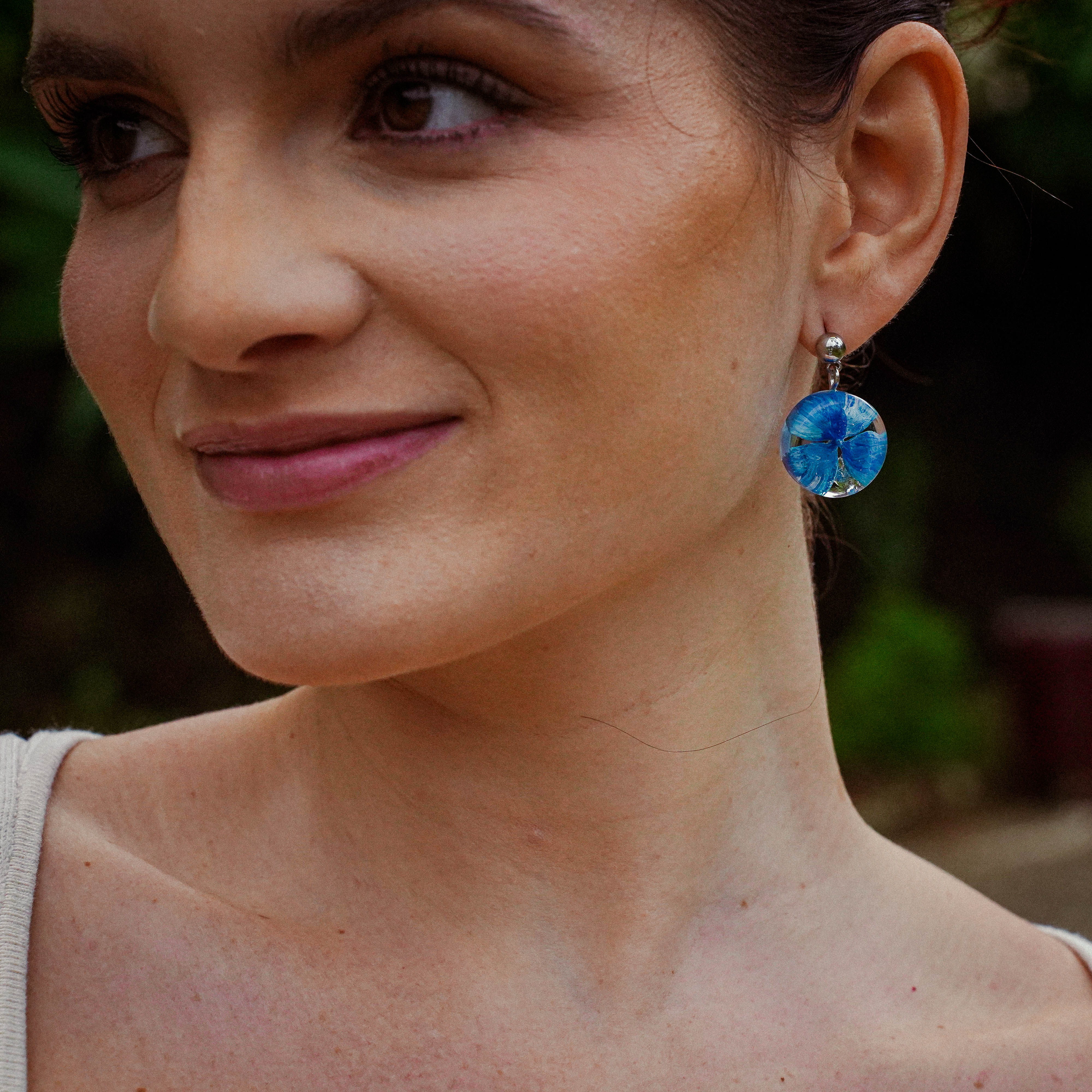 Blue Hydrangea Earrings in Golden Stainless Steel