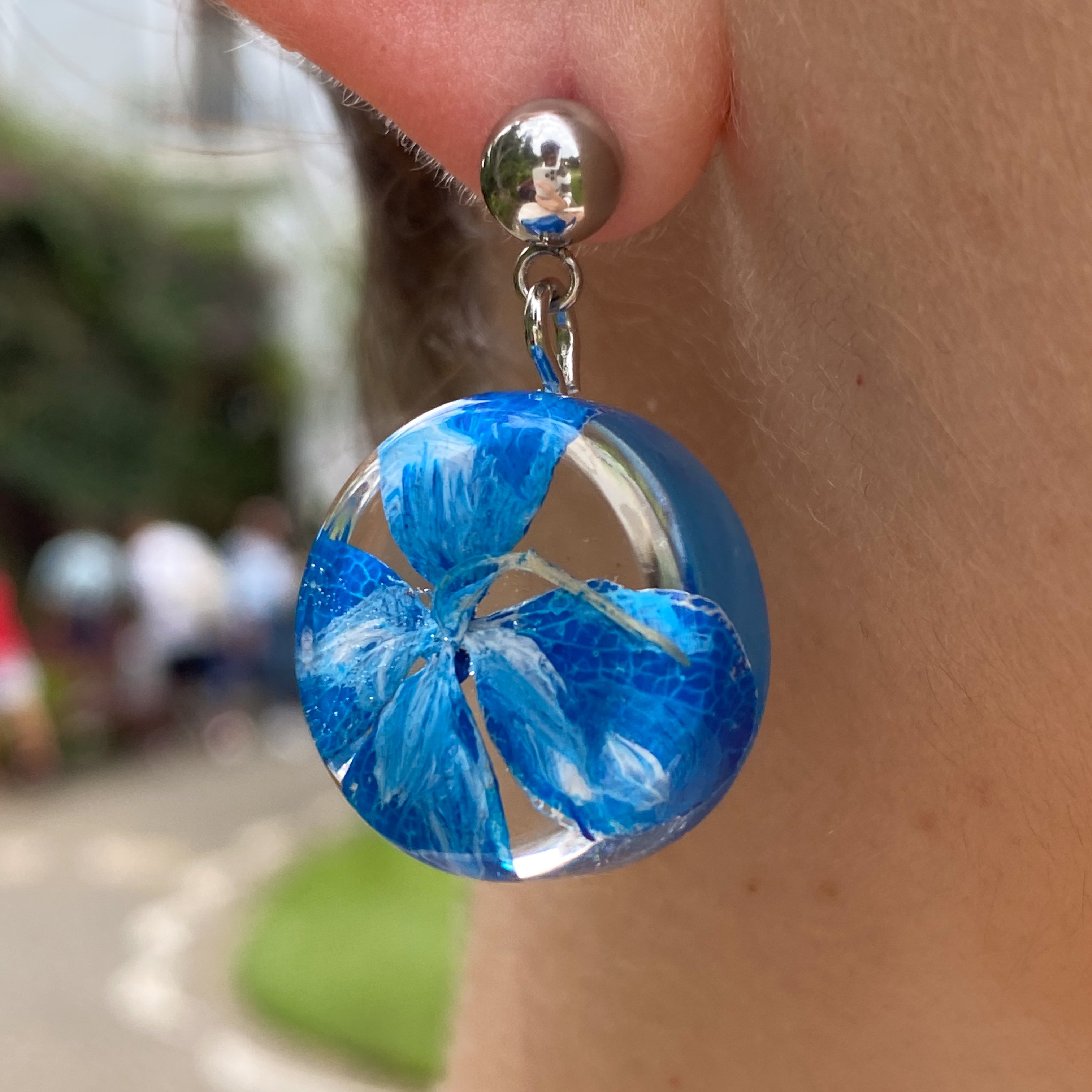 Blue Hydrangea Earrings in Golden Stainless Steel