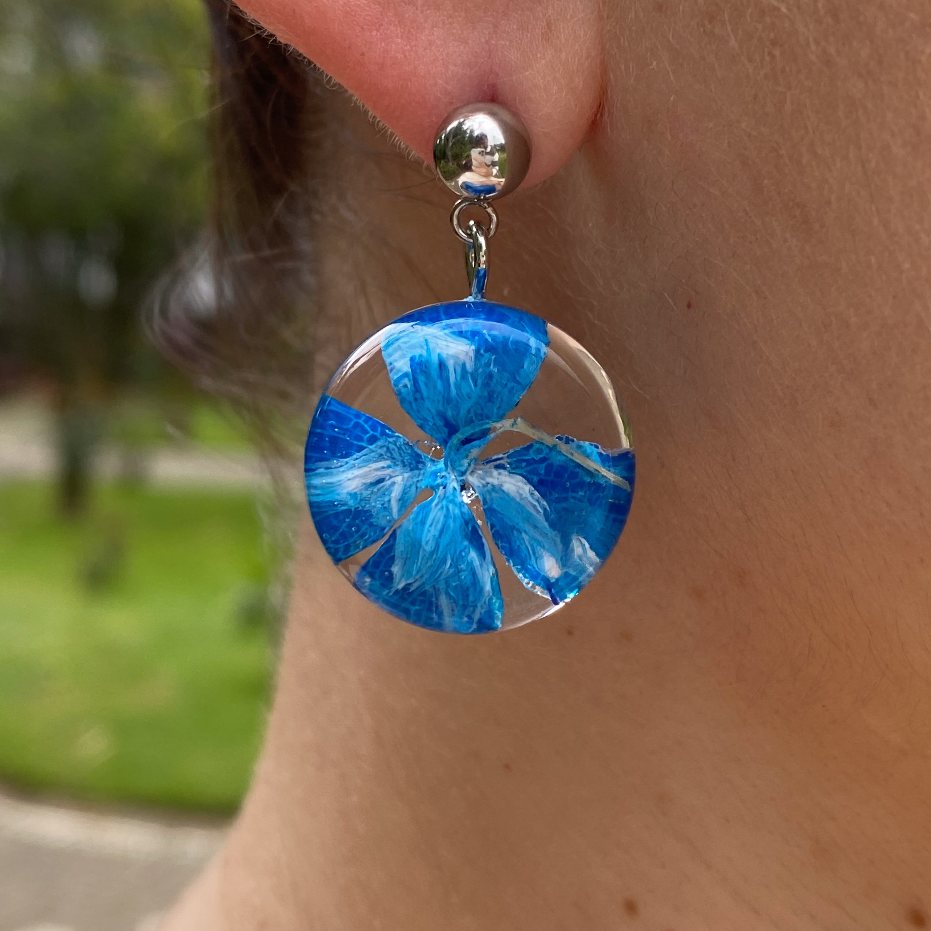 Blue Hydrangea Earrings in Golden Stainless Steel