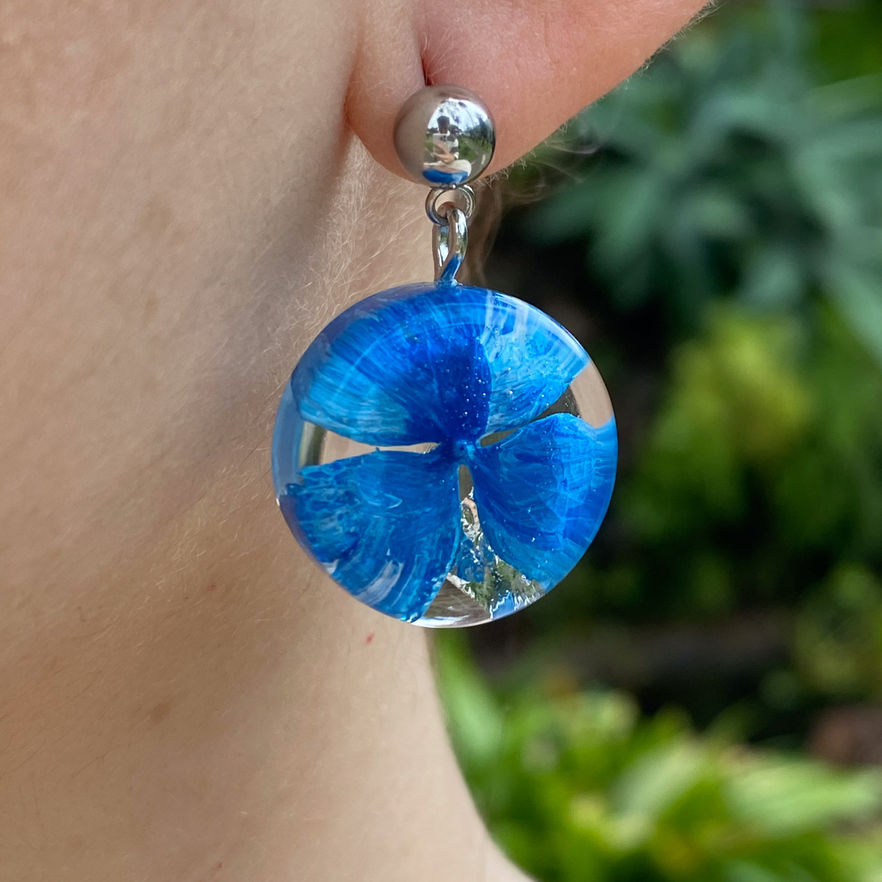 Blue Hydrangea Earrings in Golden Stainless Steel