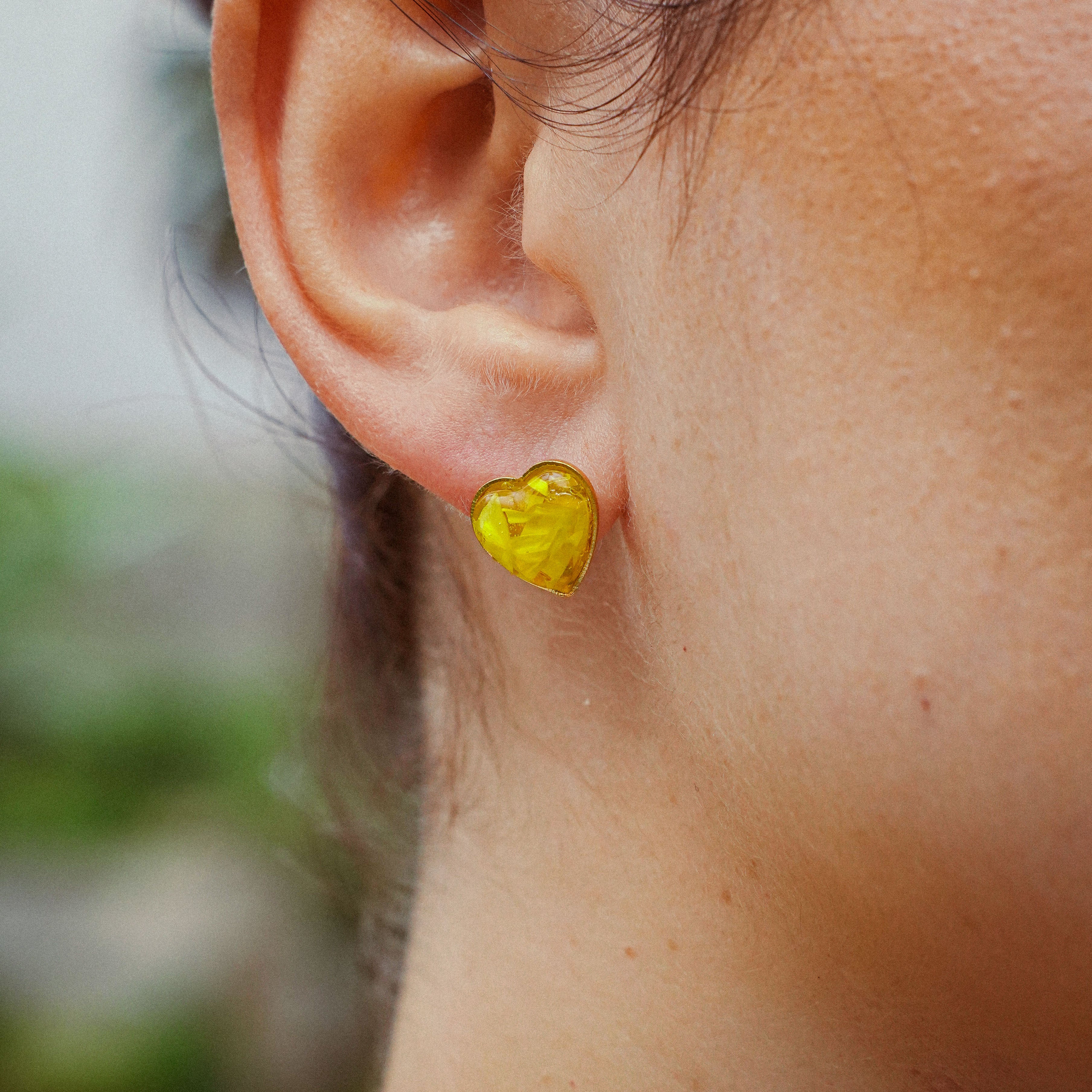 Yellow Evergreen Heart-Shaped Earrings in Golden Stainless Steel