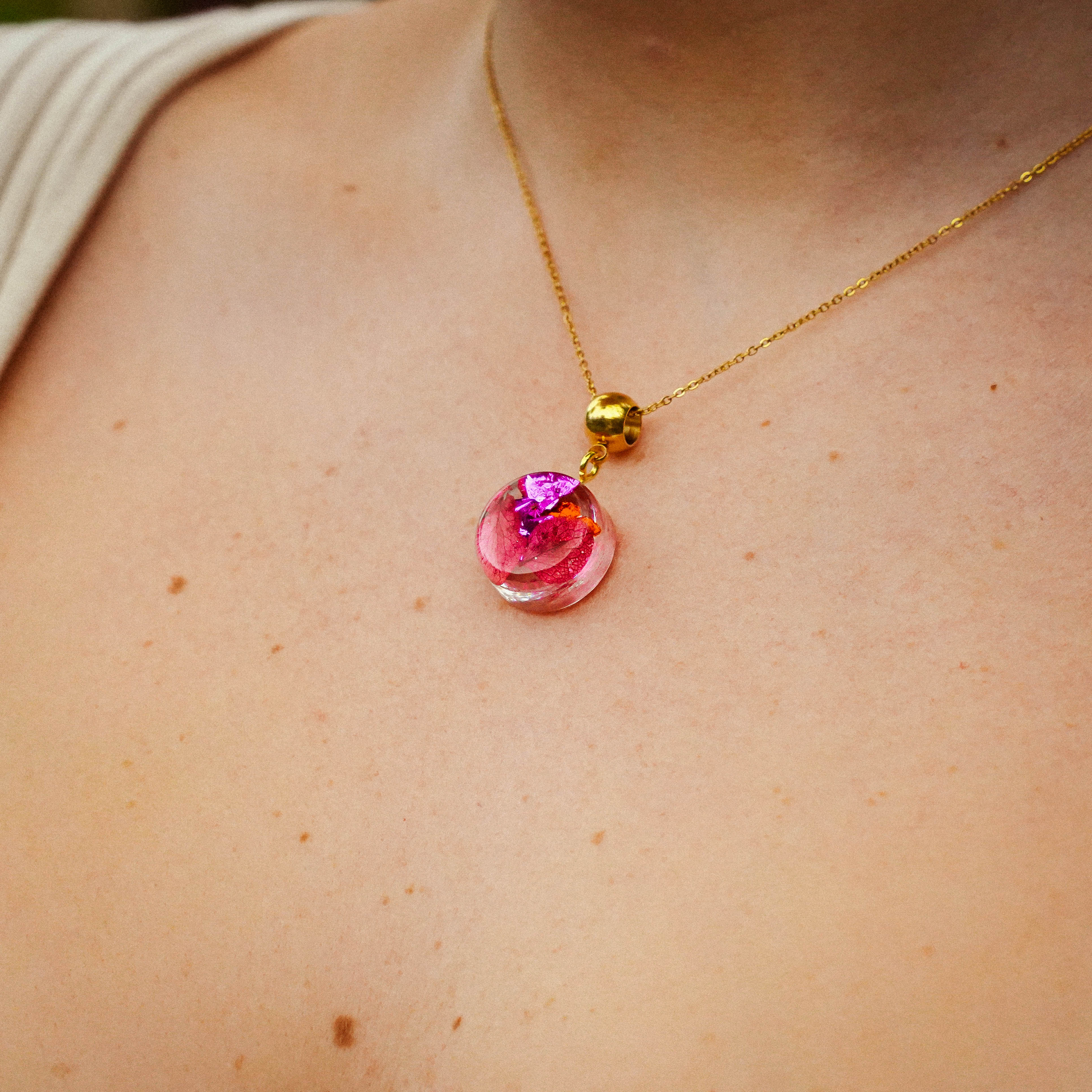 Pink Hydrangea Necklace in Golden Stainless Steel