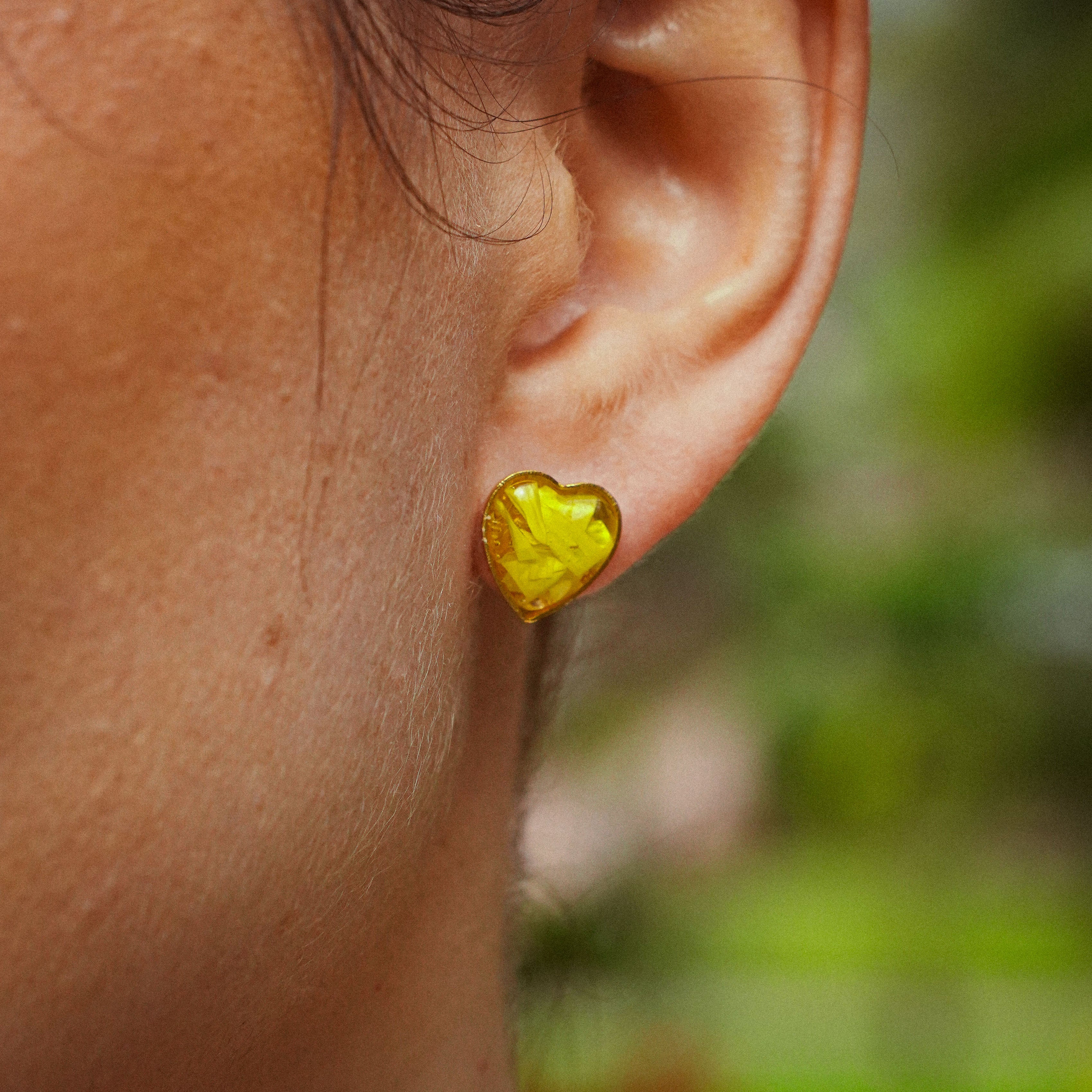 Yellow Evergreen Heart-Shaped Earrings in Golden Stainless Steel