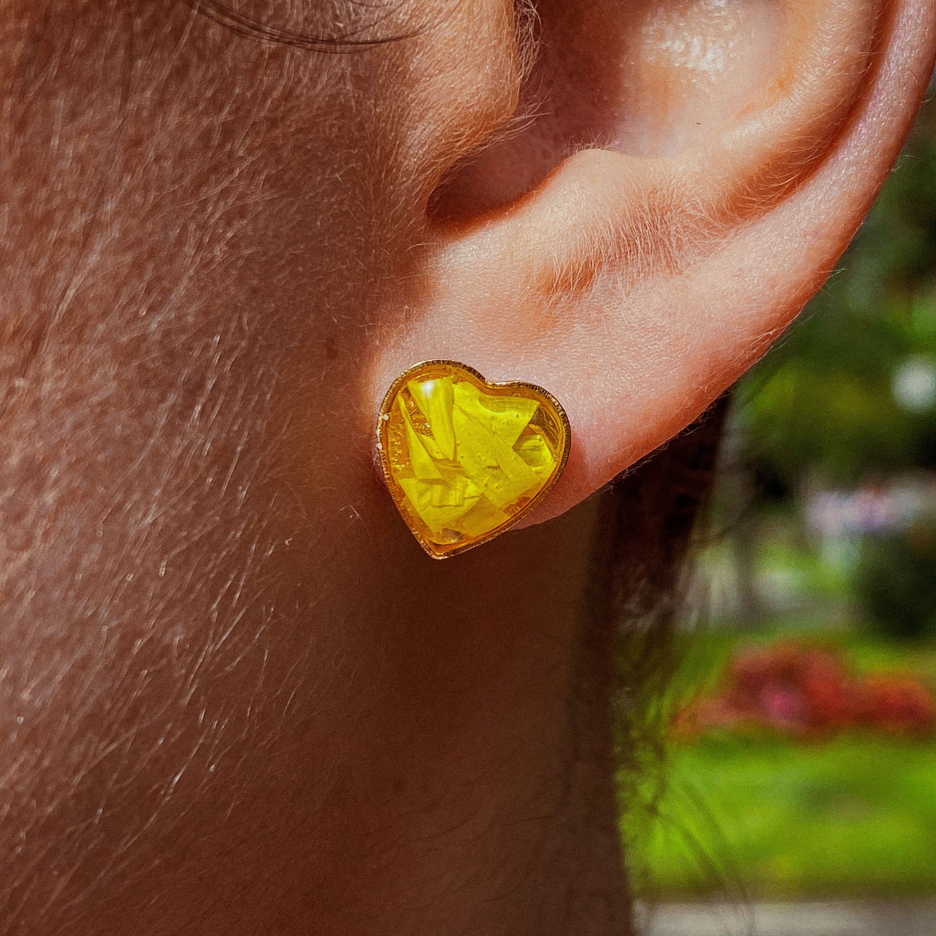 Yellow Evergreen Heart-Shaped Earrings in Golden Stainless Steel