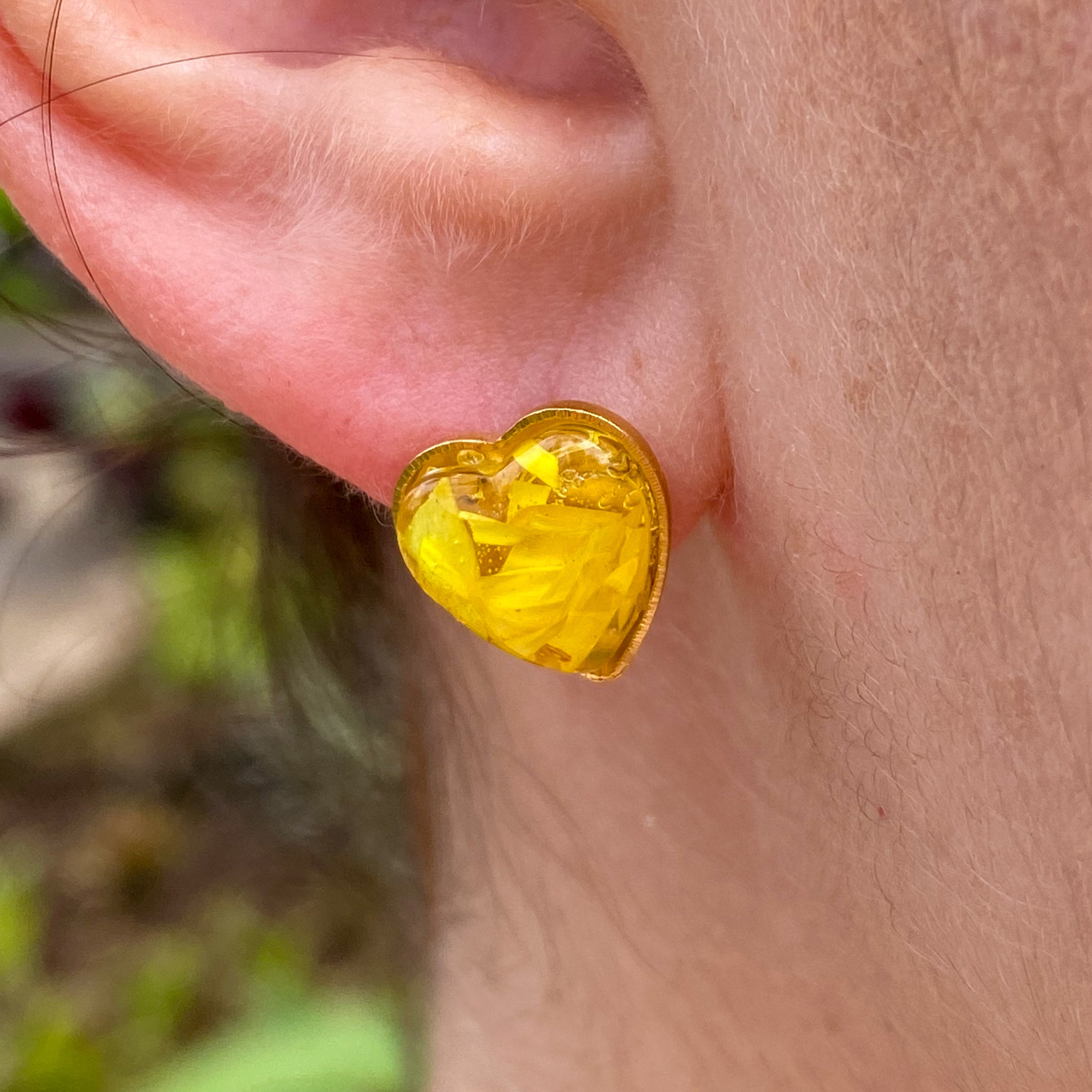 Yellow Evergreen Heart-Shaped Earrings in Golden Stainless Steel