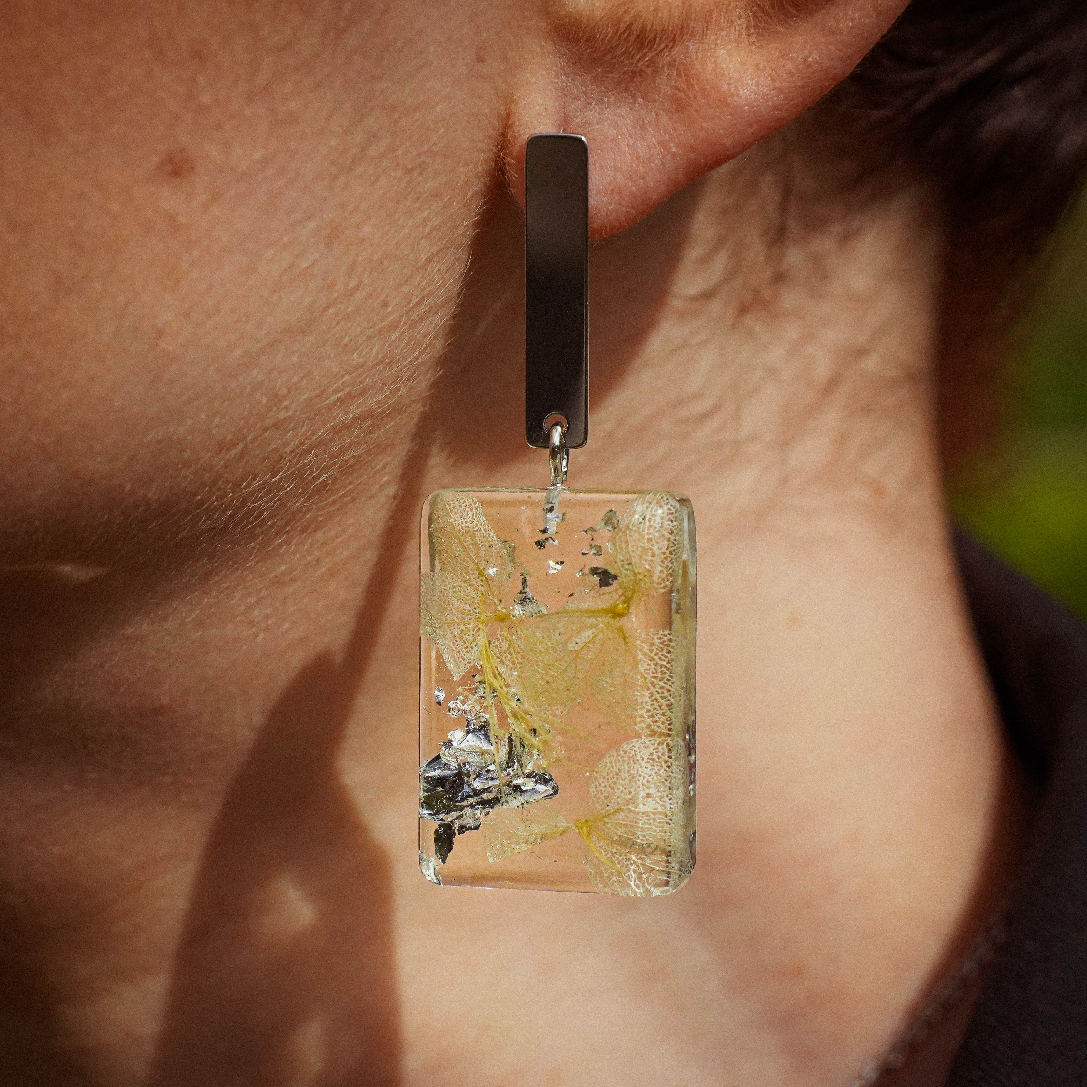 White Hydrangea Alma Earrings with Silver Leaf in Silver Stainless Steel