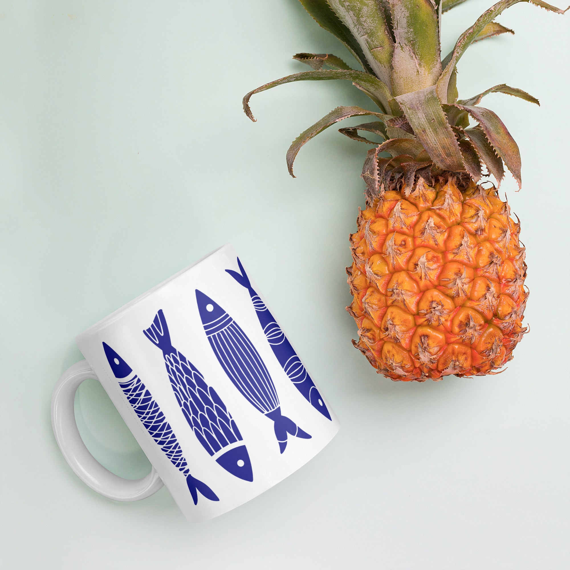 Blue Sardine Pattern Mug - Caneca