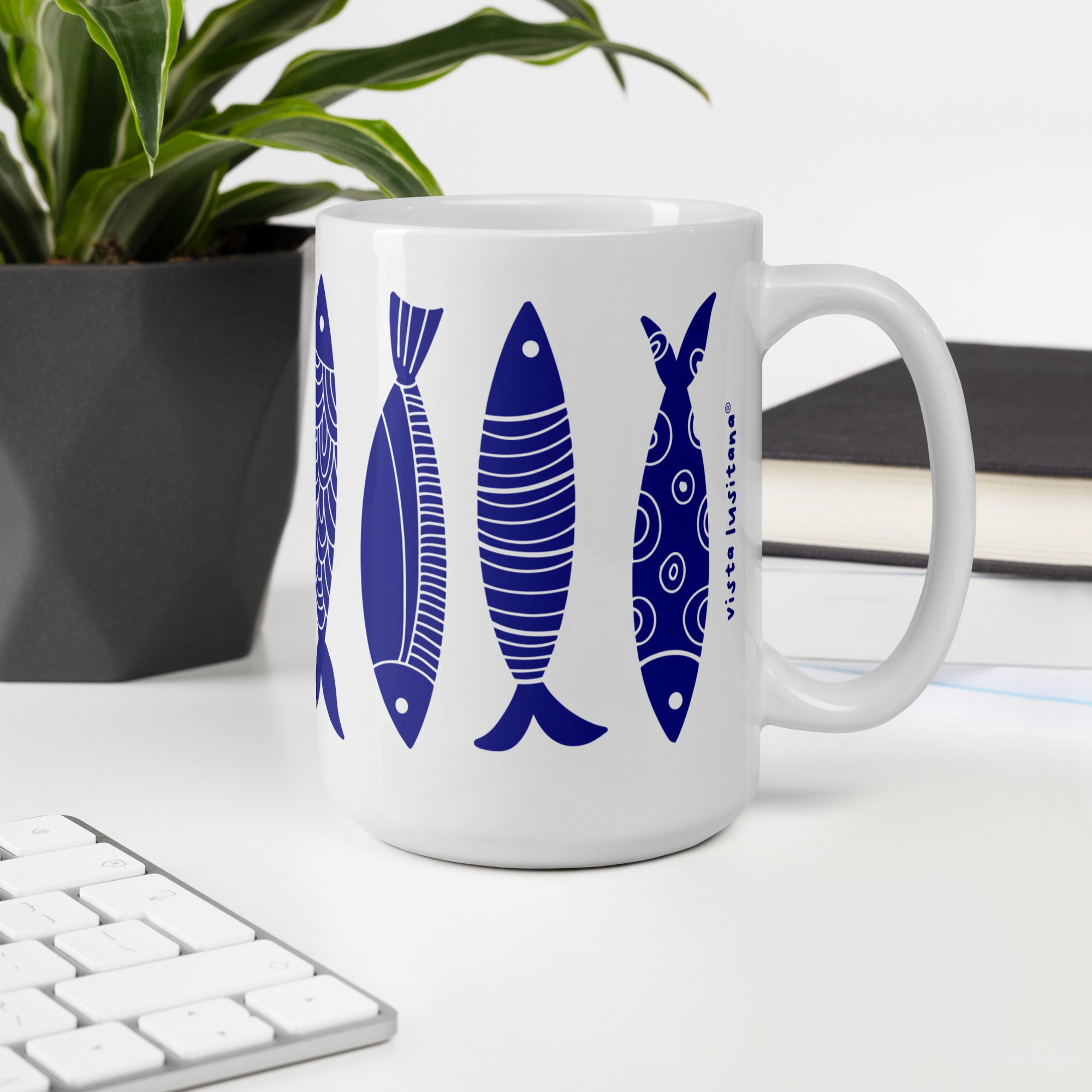 Blue Sardine Pattern Mug - Caneca