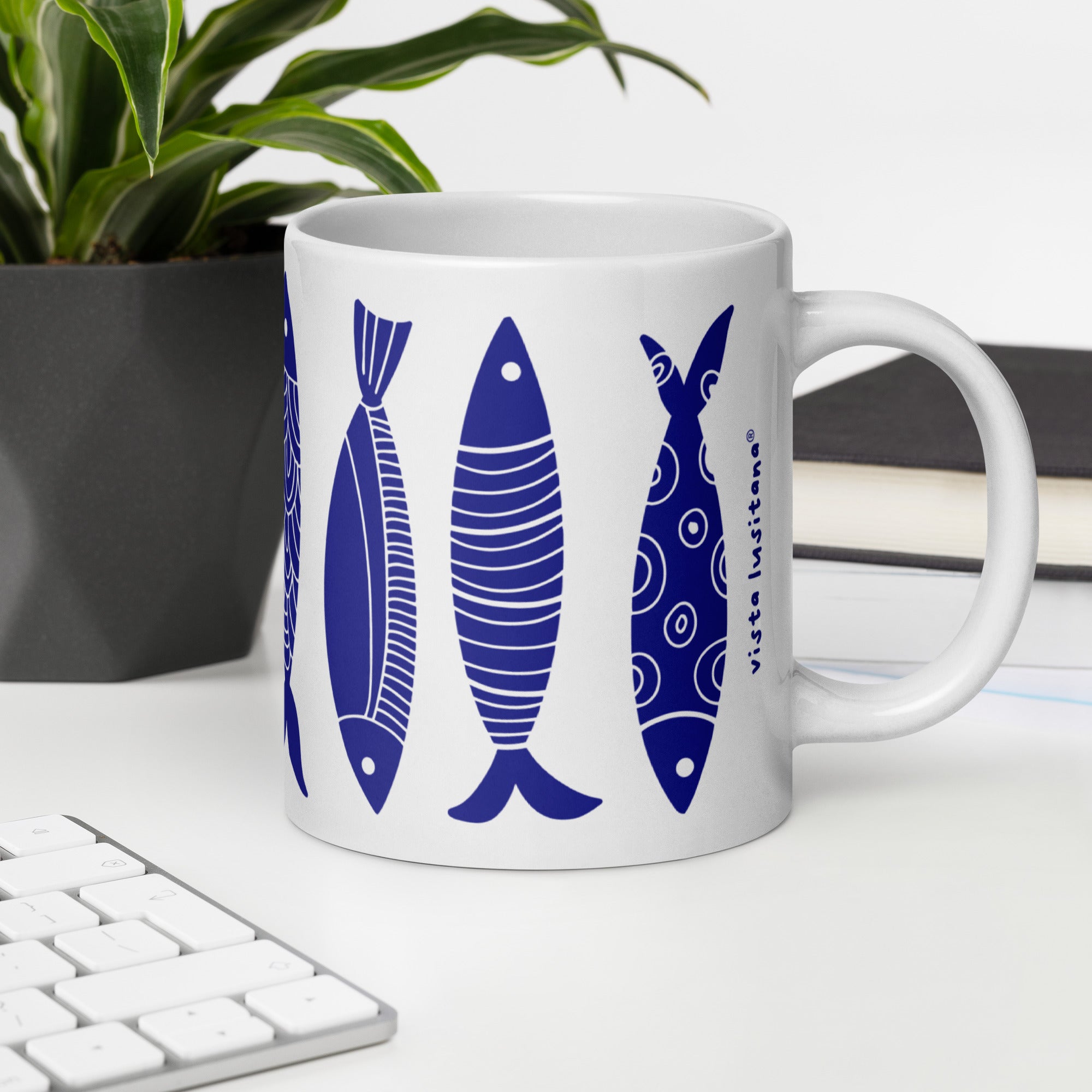 Blue Sardine Pattern Mug - Caneca